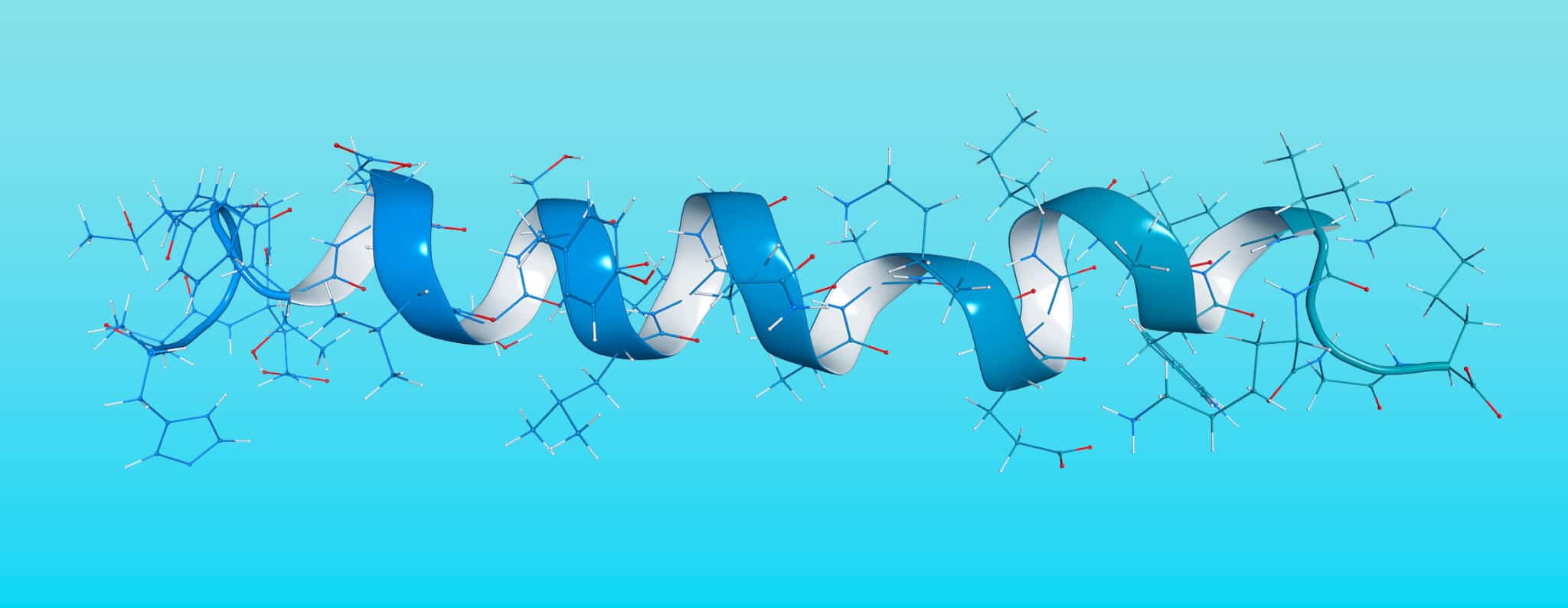 Modélisation 3D d'un ruban épais qui boucle, bleu d'un coté et blanc de l'autre, et duquel parte des molécules.